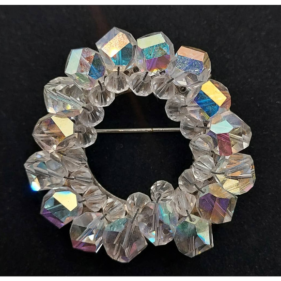 Vintage Aurora Borealis Brooch Circle Crystal Costume Jewelry - Picture 7 of 10